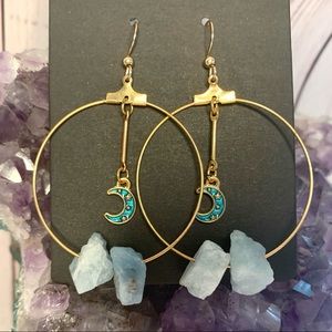 Natural Angelite Stone Gold Hoop Earrings with Moons